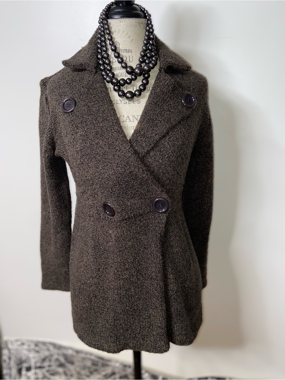 Knit Women's Double-Breasted Wool-Blend Peacoat - Dark Brown M-L